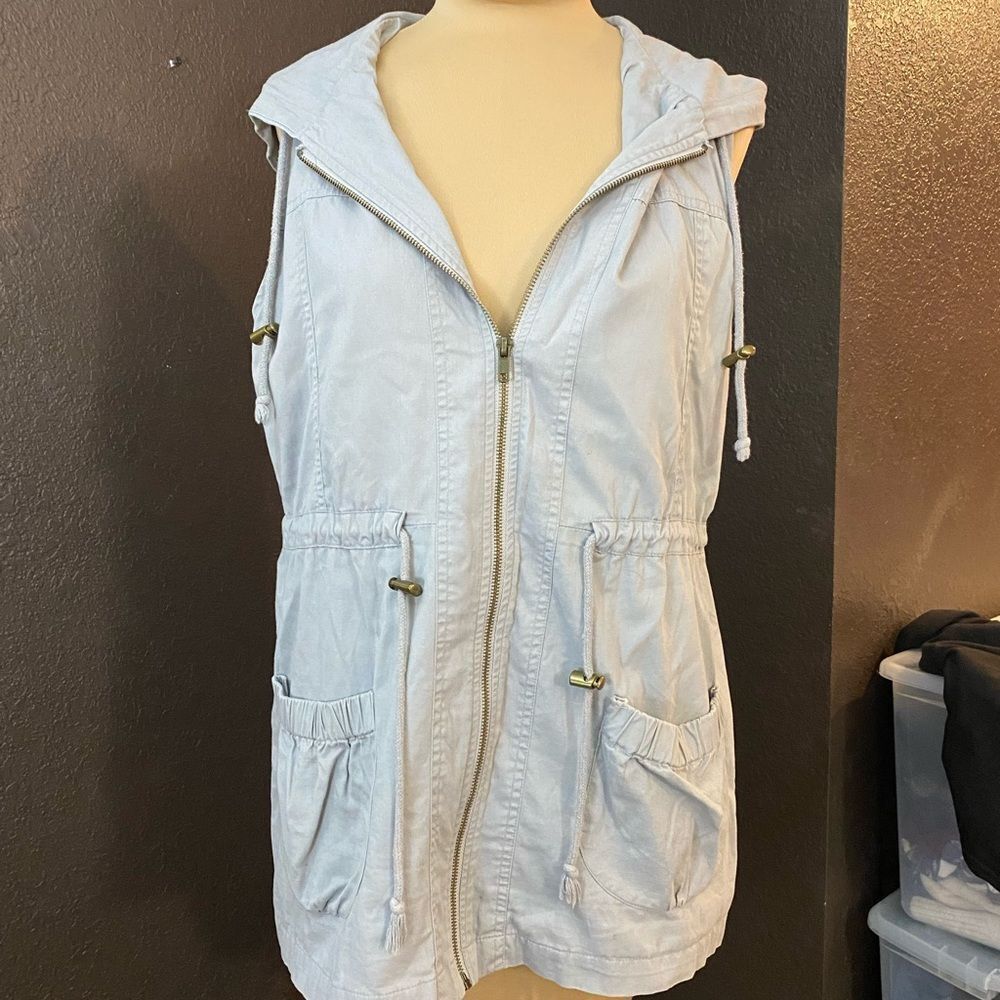 QUINN lined soft grey Anorak drawstring waist zip front smooth cotton hood vest